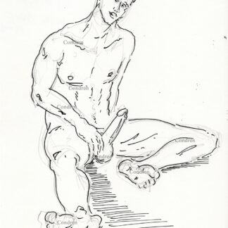 Naked boy hardon cock with throbbing erection looking at you while feeling his large hairy balls. Pen & ink drawing. Gay male figure drawing.