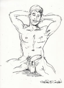 Naked boy sitting up showing his big hairy cock and balls while smiling with his arms stretched back behind his head. Pen & ink figure drawing. Naked dude in bed.
