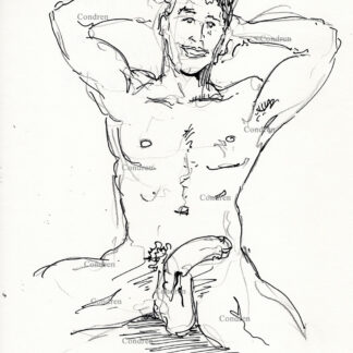 Naked boy sitting up showing his big hairy cock and balls while smiling with his arms stretched back behind his head. Pen & ink gay male figure drawing.