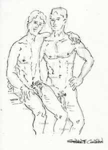 Naked incest brothers embrace each other with their big cocks and hairy balls hanging down endorsing gay male family sex. Pen & ink figure drawing. Rubbing naked ass. 