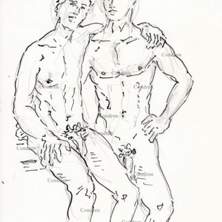 Naked incest brothers embrace each other with their big cocks and hairy balls hanging down endorsing gay male family sex. Pen & ink figure drawing.