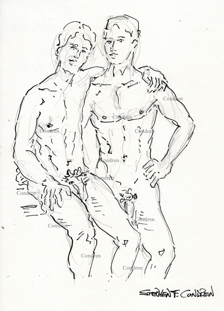 Naked incest brothers embrace each other with their big cocks and hairy balls hanging down endorsing gay male family sex. Pen & ink figure drawing. Rubbing naked asses. 