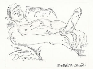 Naked boy in bed with muscular body holding large cock with thick veins and massive hairy balls. Pen & ink gay male figure drawing. Naked man in covers. 