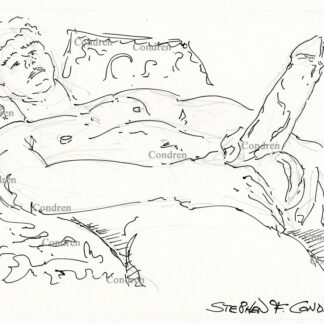 Naked boy in bed with muscular body holding large cock with thick veins and massive hairy balls. Pen & ink gay male figure drawing.