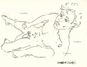 Naked boy lookup with a muscular body and chiseled torso. He has a 6-pack set of abs and well-defined pecs. Pen & ink gay male drawing. Naked man resting.