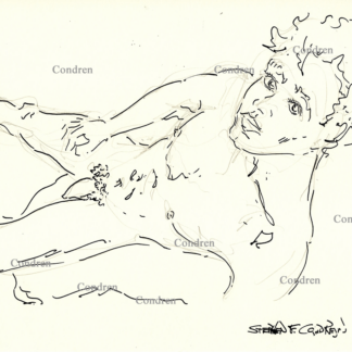 Naked boy lookup with a muscular body and chiseled torso. He has a 6-pack set of abs and well-defined pecs. Pen & ink gay male drawing.