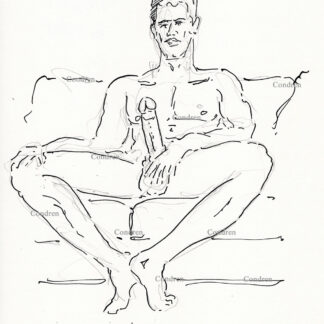 Boy stroking nakedly, with his muscular physique, his huge, massive cock, and thick, hairy balls. He has a hard body. Pen & ink gay male figure drawing.