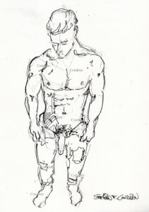 Shirtless dude scratching. Shirtless boy unzipped exposes his big hairy cock hanging from his muscular, chiseled torso. He has a muscular physique and well-developed pecs. Pen & ink drawing. Shirtless dude scratching. Gay male figure drawing.