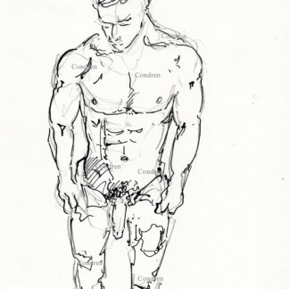 Shirtless boy unzipped exposes his big hairy cock hanging from his muscular, chiseled torso. He has a muscular physique and well-developed pecs. Pen & ink gay male figure drawing.