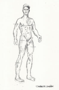 Naked boy standing with hardon cock standing with a muscular physique showing a 6-pack set of abs and well-developed pecs. Pen & ink male figure drawing. Naked dude resting. Gay male figure drawing. 