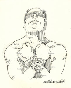 Bounded eyes and hands of a naked, muscular gay man to be used for gay BDSM torture, pen & ink male figure drawing. Hot gay boy held, pencil male figure drawing. 