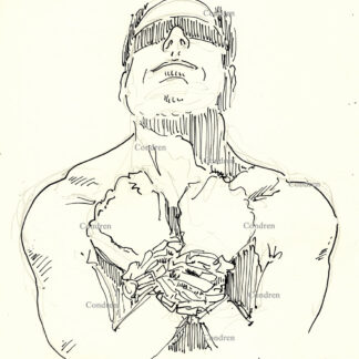 Bounded eyes and hands of a naked, muscular gay man to be used for gay BDSM torture, pen & ink male figure drawing.