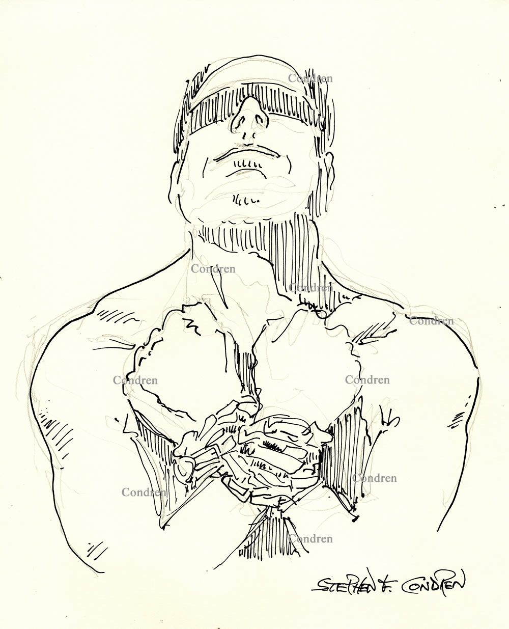Bounded eyes and hands of a naked, muscular gay man to be used for gay BDSM torture, pen & ink male figure drawing.