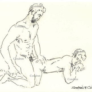 Dad fucking his son doggy style, pen & ink gay male figure drawing. They have a muscular physique with a 6-pack set of abs and well-developed pecs.