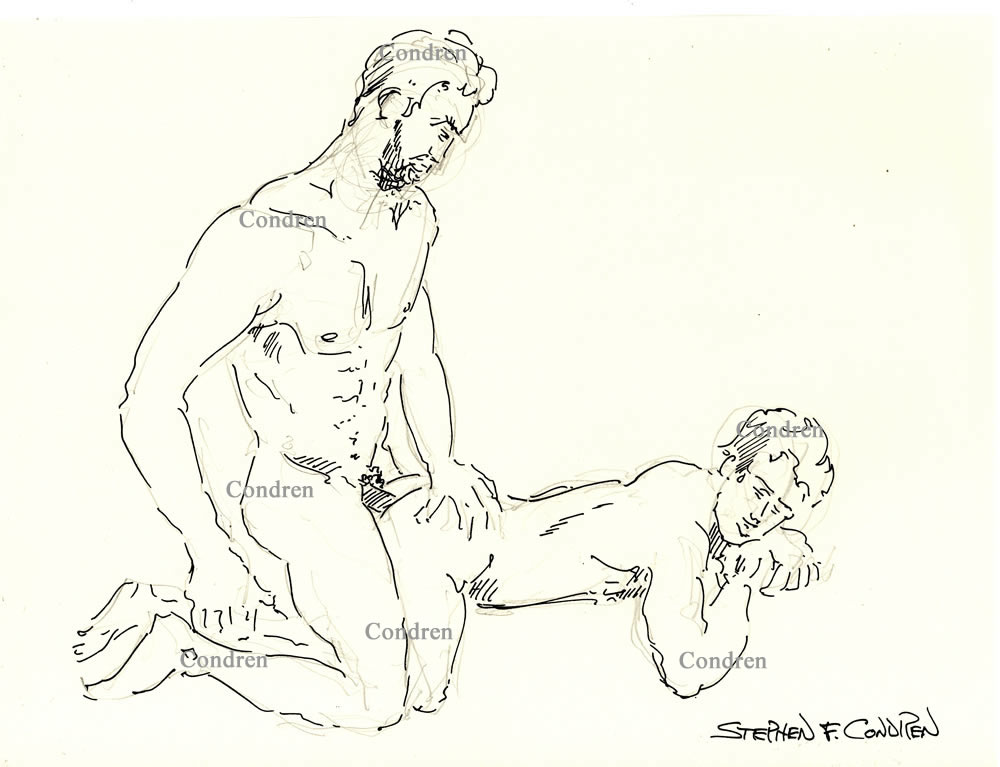Dad fucking his son doggy style, pen & ink gay male figure drawing. They have a muscular physique with a 6-pack set of abs and well-developed pecs.