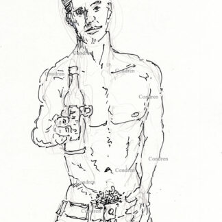 Pen & ink figure drawing of a gay shirtless man. He has a muscular torso with a 6-pack set of abs and firm pecs. This is a gay male figure drawing.