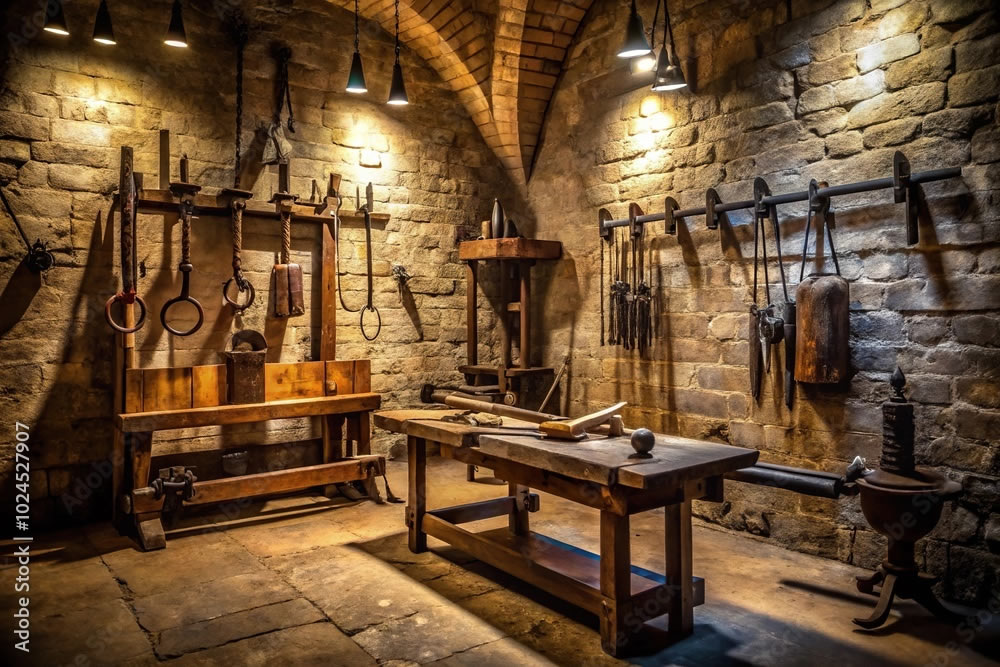 Dungeon for gay BDSM Sex torture. Photograph. Gay male figure drawing. Bound eyes and hands of muscular gay man for BDSM torture. 