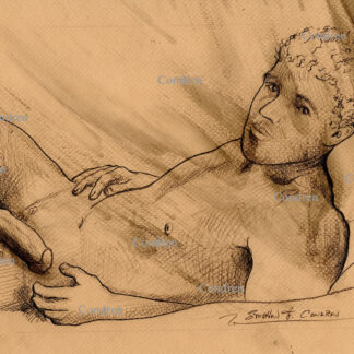 Naked boy reclined with a beautiful face looking right at you. He has a large flaccid cock with hairy balls. He has a muscular physique with a 6-pack set of abs and well-developed pecs. Pencil gay male figure drawing.
