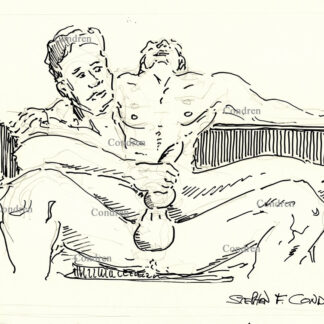 Incest brother's fucking and jacking off naked showing their muscular physiques and chiseled torsos with 6-pack set of abs and well-defined pecs. Pen & ink gay male figure drawing.
