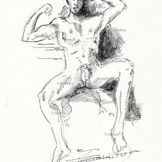 Naked boy resting with legs spread wide open and big hairy cock hanging down showing his muscular physique and 6-pack set of abs with well-developed pecs. Pen & ink gay male figure drawing.