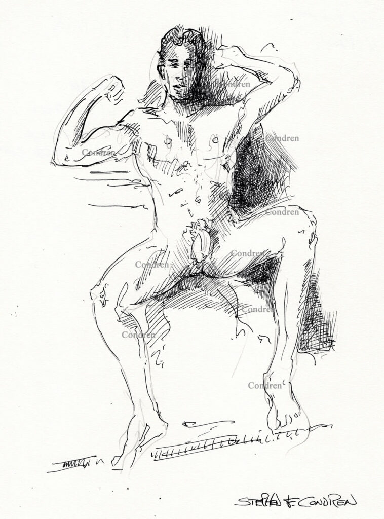 Naked boy resting with legs spread wide open and big hairy cock hanging down showing his muscular physique and 6-pack set of abs with well-developed pecs. Pen & ink gay male figure drawing.