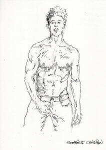 Shirtless boy scratching his balls in his blue jeans showing a chiseled torso with a 6-pack set of abs and well-developed pecs. Pen & ink gay male figure drawing.