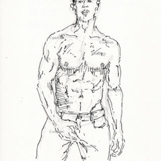Shirtless boy scratching his balls in his blue jeans showing a chiseled torso with a 6-pack set of abs and well-developed pecs. Pen & ink gay male figure drawing.