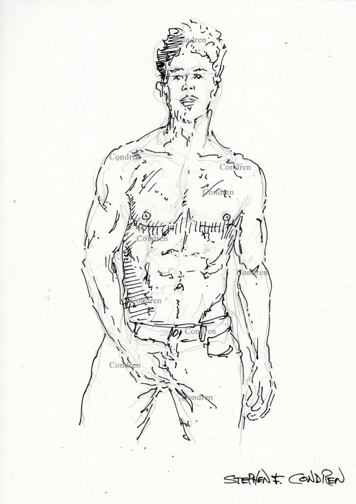 Shirtless boy scratching his balls in his blue jeans showing a chiseled torso with a 6-pack set of abs and well-developed pecs. Pen & ink gay male figure drawing.