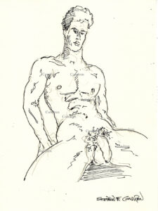 Nude boy spreading his legs wide opened showing his big uncut cock and massive hairy balls. He has a chiseled chest with a hard body and a muscular physique. Pen & ink gay male figure drawing. Naked man in covers. 