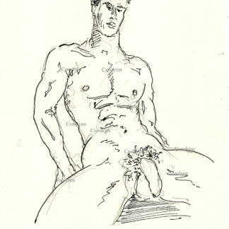 Nude boy spreading his legs wide opened showing his big uncut cock and massive hairy balls. He has a chiseled chest with a hard body and a muscular physique. Pen & ink gay male figure drawing.