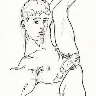 Boy spreading his legs wide opened exposing his large, hairy, uncut cock and balls. He is naked and has a hard body with a muscular physique and firm pecs. Pen & ink gay male figure drawing.