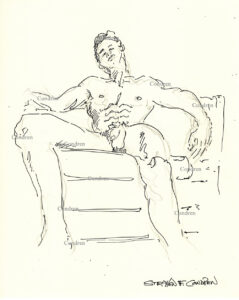 Naked boy on couch showing his muscular body with chiseled torso above his uncut cock and large hairy balls. Pen & ink gay male figure drawing. Naked man resting, 