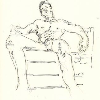 Naked boy on couch showing his muscular body with chiseled torso above his uncut cock and large hairy balls. Pen & ink gay male figure drawing.