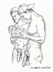 Naked brothers reading incest articles while standing with the big dicks and hairy balls hanging down. They have muscular physiques and a 6-pack set of abs with well-developed pecs. Pen & ink male figure drawing. Gay male figure drawing. Rubbing naked ass. 