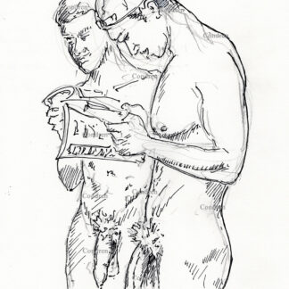 Naked brothers reading incest articles while standing with the big dicks and hairy balls hanging down. They have muscular physiques and a 6-pack set of abs with well-developed pecs. Pen & ink male figure drawing. Gay male figure drawing.