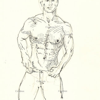 Shirtless boy in jeans with thumbs holding his pants up showing his muscular torso with a 6-pack set of abs and well-developed pecs. Pen & ink male figure drawing. Gay male figure drawing.