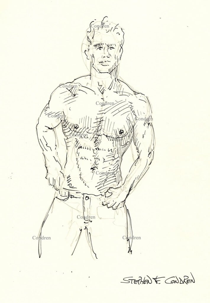 Shirtless boy in jeans with thumbs holding his pants up showing his muscular torso with a 6-pack set of abs and well-developed pecs. Pen & ink male figure drawing. Gay male figure drawing.