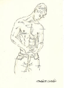 Shirtless gay boy looking down with a muscular physique, pen & ink male figure drawing. He has a chiseled torso with a6-pack set of abs and well-developed pecs. Gay male figure drawing.