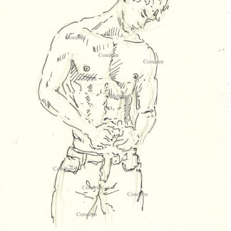 Shirtless gay boy looking down with a muscular physique, pen & ink male figure drawing. He has a chiseled torso with a6-pack set of abs and well-developed pecs. Gay male figure drawing.