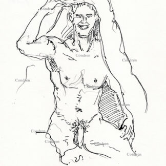 Naked boy in covers with muscular physique and a chiseled torso. He has a 6-pack set of abs and a well-developed pecs. Pen & ink gay male figure drawing.