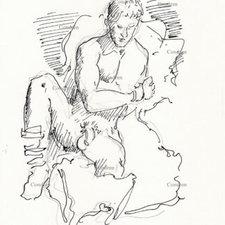 Naked man (Simon Dexter) resting showing his penis pen & ink gay male figure drawing. He has a muscular physique with a chiseled torso and a 6-pack set of abs with well-developed pecs. Simon Dexter.