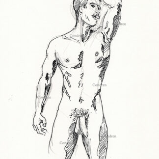 Nude male looking with his left arm raised and his big uncut cock and hairy balls are hanging down, gay male pen & ink figure drawing.