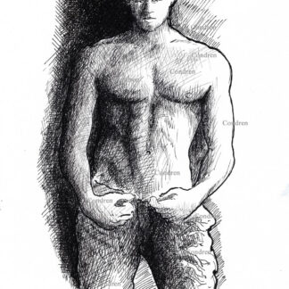 Shirtless male unbuckled with a chiseled torso and muscular body, gay male pen & ink figure drawing.