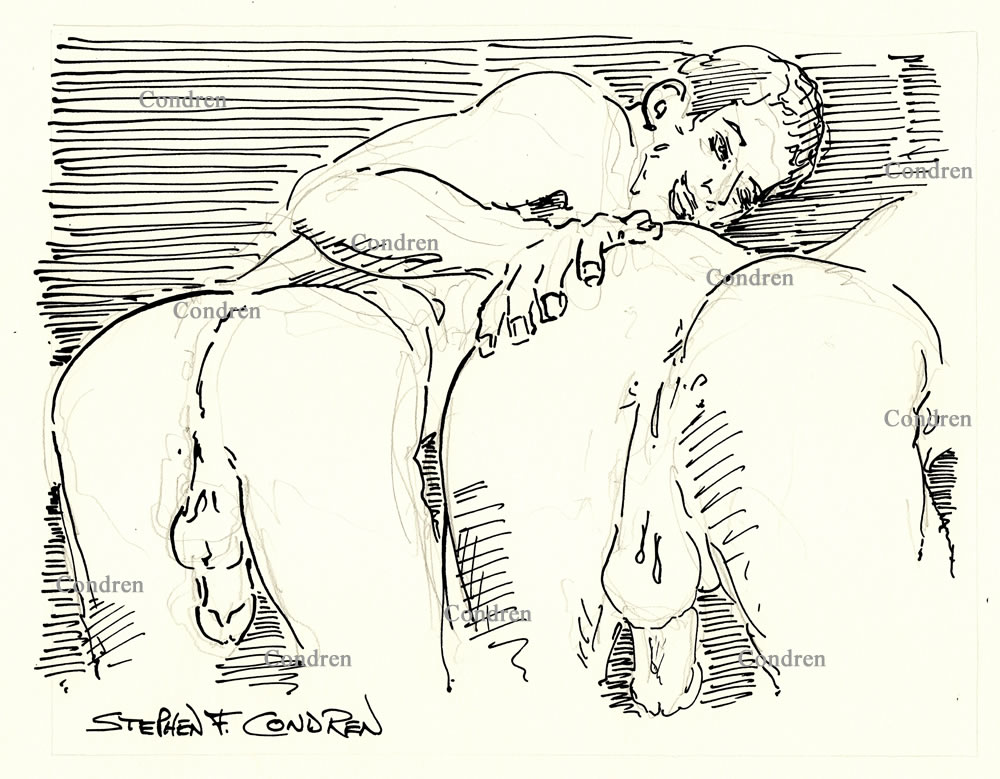 Rubbing naked asses of sexy incest brother with big cocks and hairy low hanging balls. Gay male pen & ink figure drawing.