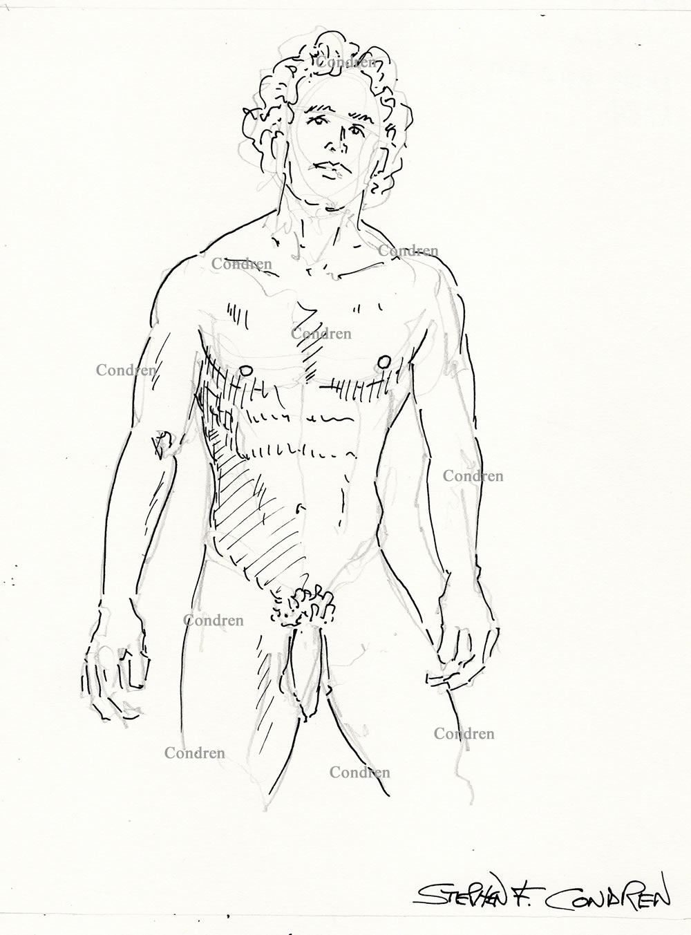 Naked male standing with big uncut cock and large hairy balls, gay pen & ink male figure drawing.