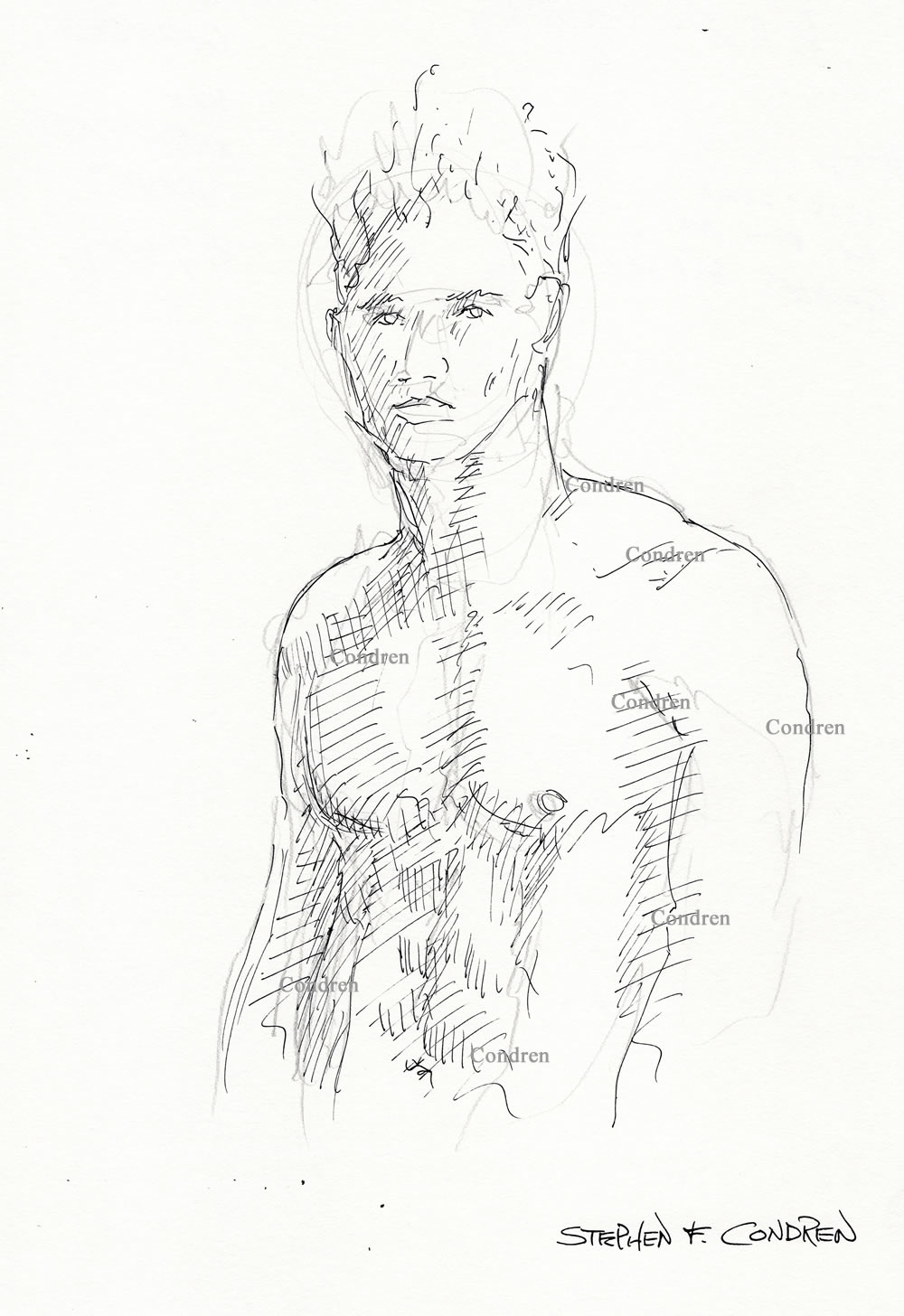 Shirtless male looking with a beautiful face and muscular torso, gay figure drawing. He has a chiseled chest with a 6-pack set of abs and firm pecs.